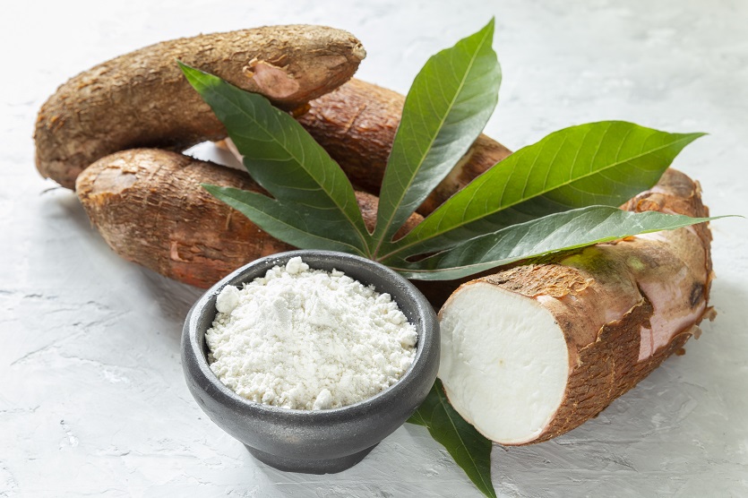 Tapioca in a Bowl and Cassava Roots 