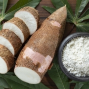 Raw yucca starch and tapioca on the wooden table.